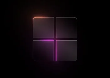 یک رندر مفهومی از لوگوی ویندوز در یک پس‌زمینه سیاه، که با خطوط نئونی صورتی و نارنجی درخشان برجسته شده است.