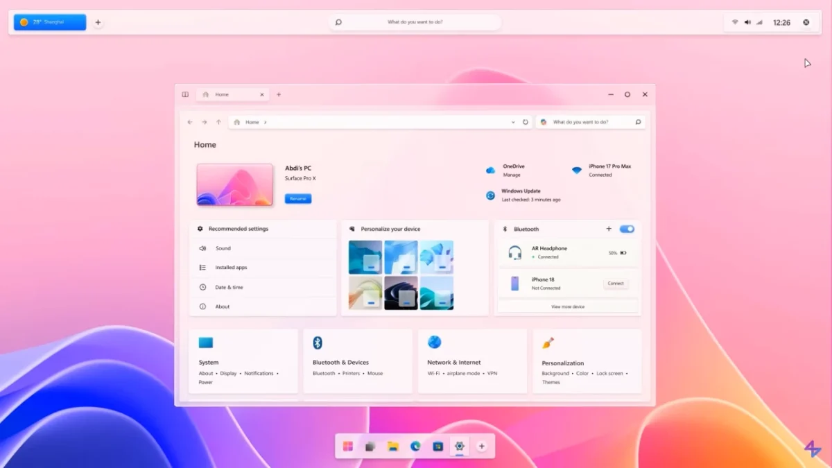 یک رندر مفهومی از صفحه تنظیمات ویندوز با طراحی مینیمال و صورتی روشن که بخش‌های "Recommended settings" و "Bluetooth" و همچنین اتصال دستگاه‌های دیگر مانند iPhone 17 Pro Max را نمایش می‌دهد.