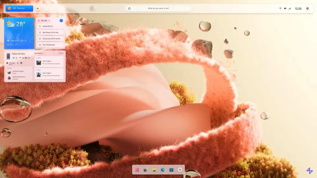 یک رندر مفهومی از دسکتاپ ویندوز با پس‌زمینه انتزاعی صورتی و نارنجی و یک ویجت بازشوی گوشه‌ای که آب و هوا، تقویم و اعلان‌ها را نشان می‌دهد.