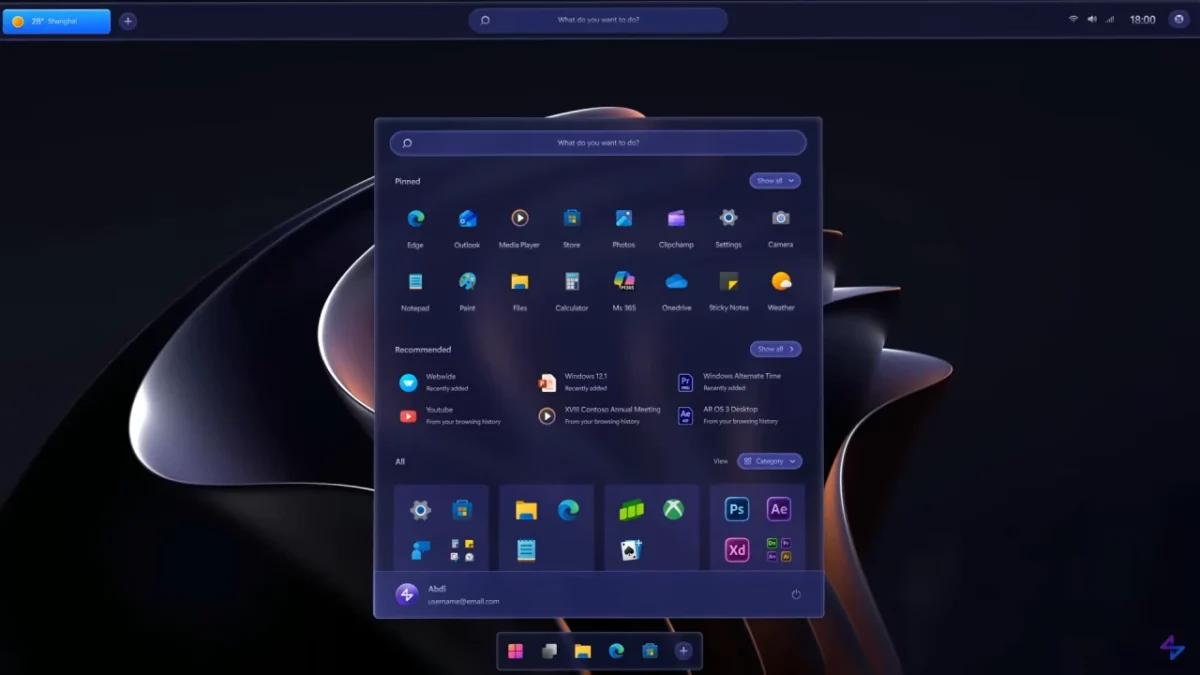 یک رندر مفهومی از منوی شروع ویندوز با تم آبی تیره، که آیکون‌های برنامه‌های پین‌شده و توصیه‌شده را نشان می‌دهد.