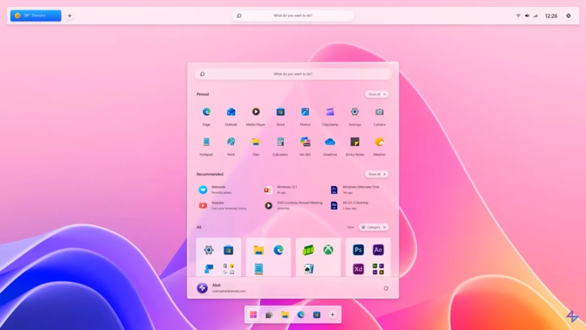 یک رندر مفهومی از رابط کاربری دسکتاپ ویندوز با تم صورتی روشن و پس‌زمینه با طرح‌های موج‌دار، که منوی شروع شیشه‌ای آن برنامه‌های پین‌شده و توصیه‌شده را نشان می‌دهد.