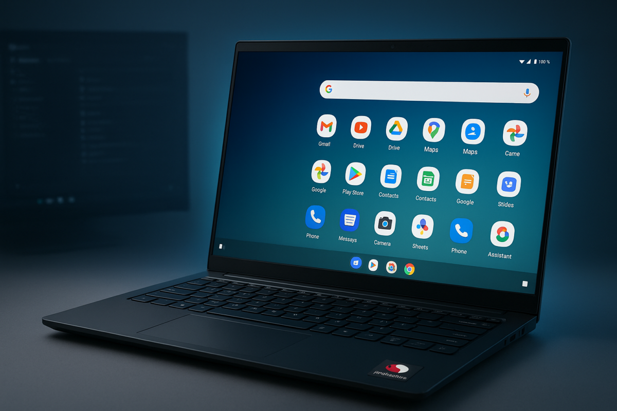 لپ‌تاپ لنوو با سیستم‌عامل اندروید در حال نمایش صفحه اصلی با آیکون‌های برنامه‌های گوگل و یک لوگوی Qualcomm Snapdragon.