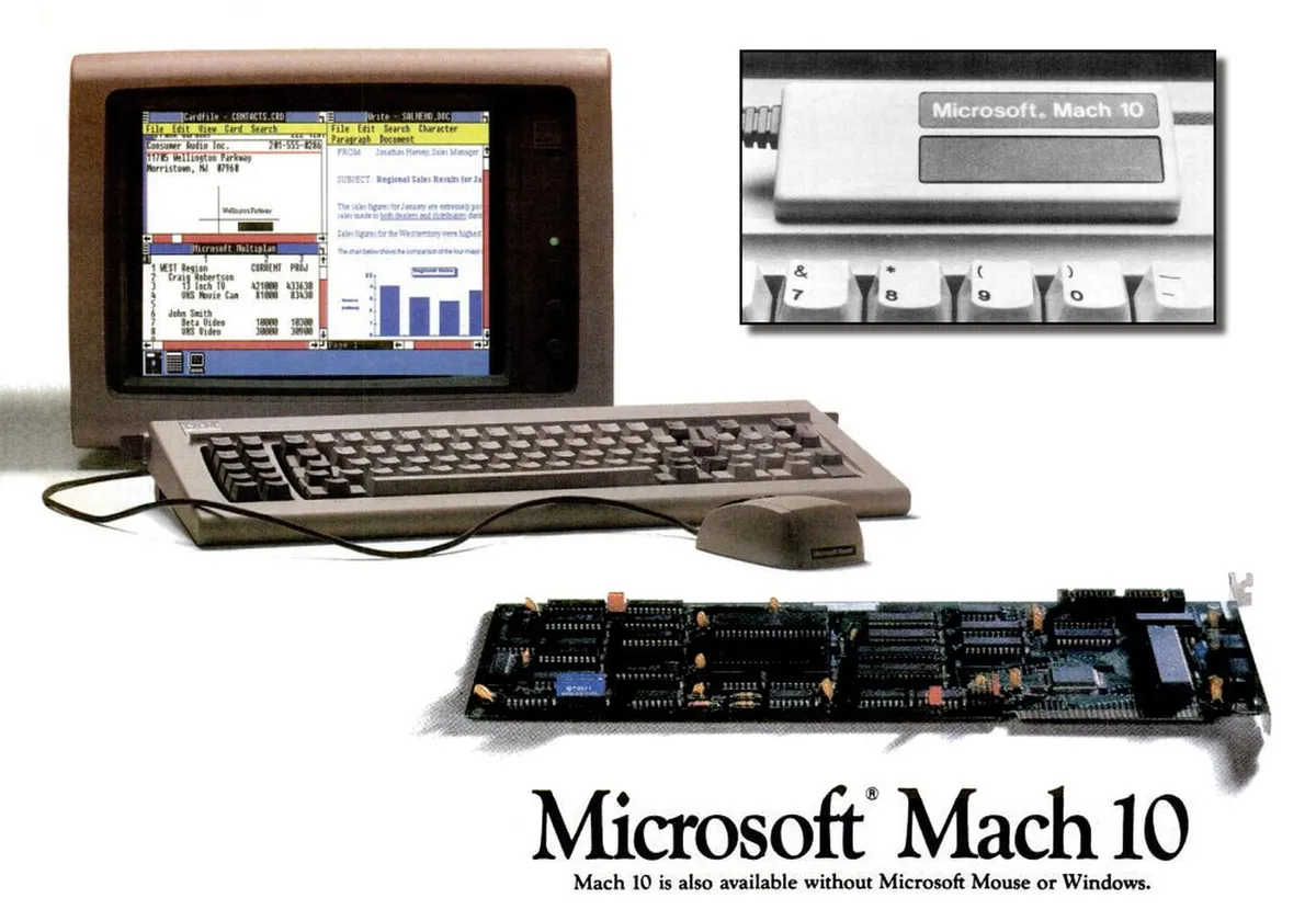 یک رندر تبلیغاتی برای "Microsoft Mach 10" که یک کامپیوتر رومیزی قدیمی با مانیتور و کیبورد، یک برد توسعه داخلی و یک نمای نزدیک از دستگاه Mach 10 خارجی را نمایش می‌دهد.