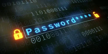 کلمه "Password" به رنگ آبی در یک کادر ورودی روی پس‌زمینه‌ای از کدهای باینری، که نماد قفل‌های باز و بسته شده نارنجی رنگ در دو طرف آن قرار دارند.