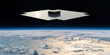 تصویر ماهواره BlueBird 6 با آرایه بزرگ آنتنی در مدار زمین که برای ارائه اینترنت ماهواره‌ای مستقیم به موبایل‌های معمولی طراحی شده است.