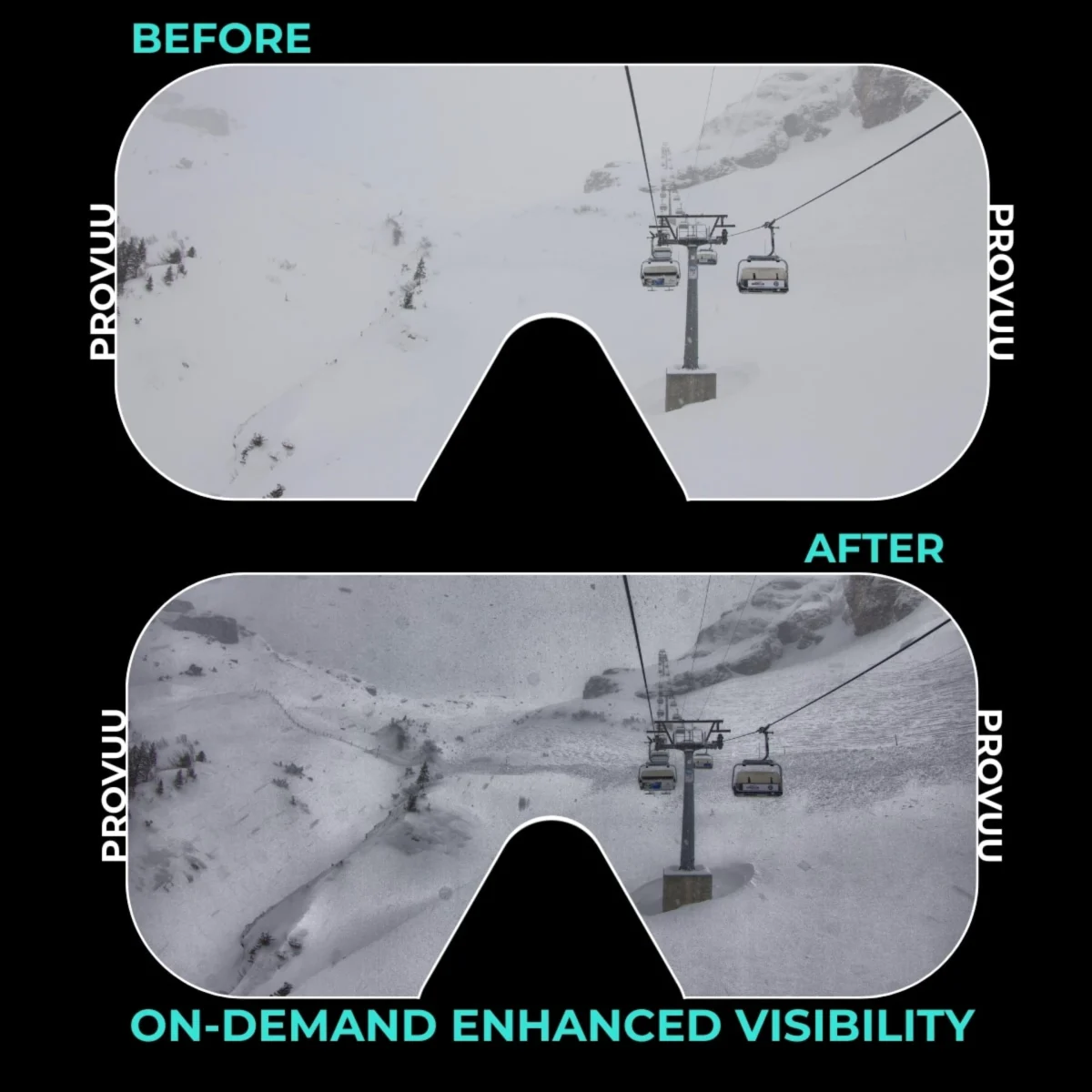 مقایسه دید قبل و بعد از فعالسازی View-XR در شرایط مه و برف عینک واقعیت افزوده Provuu XR