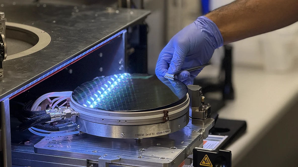 فرآیند جابهجایی و تنظیم ویفر تراشه در تجهیزات پیشرفتهٔ تولید نیمههادی، مرتبط با توسعهٔ تراشهٔ سهبعدی عمودی.