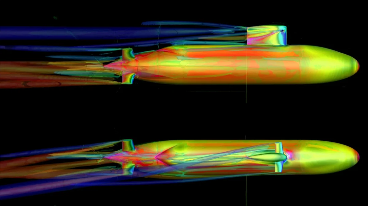 نمای شبیه‌سازی‌شده هیدرودینامیک جریان آب پیرامون بدنه زیردریایی‌های رباتیک خودران 
