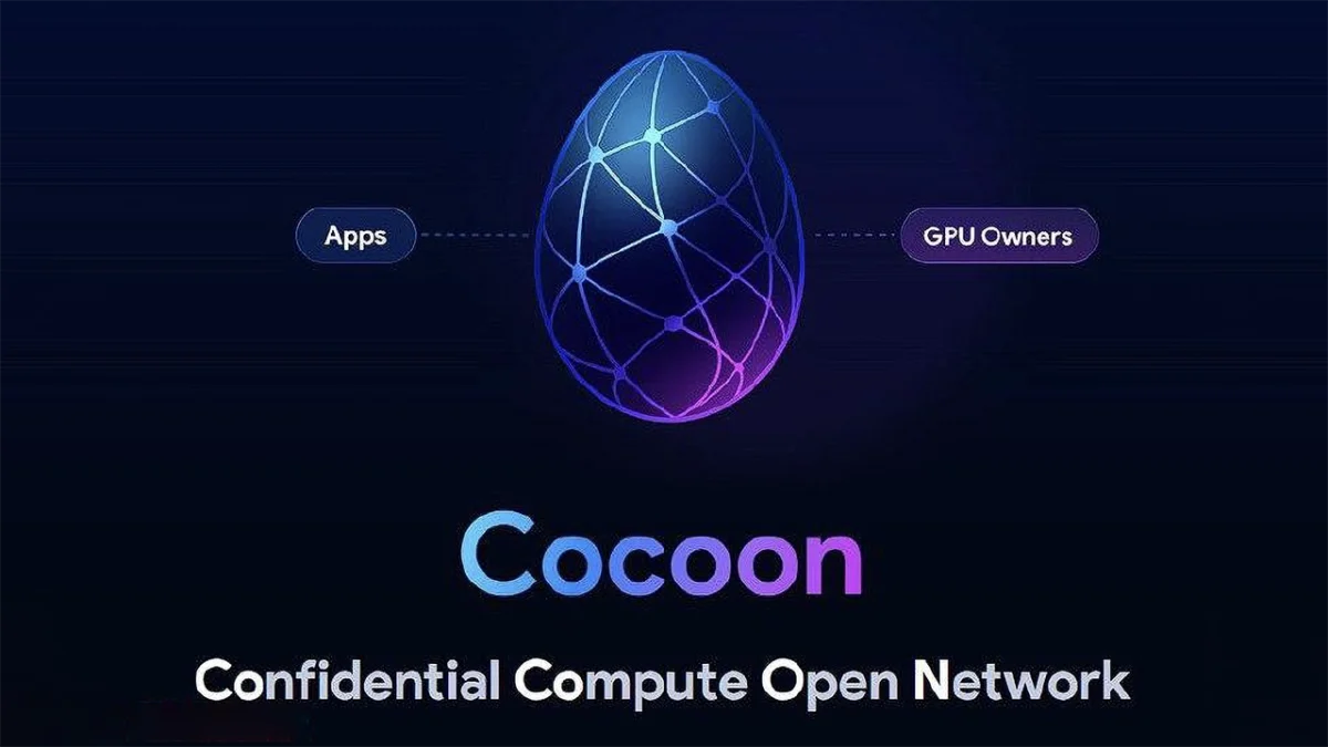 تصویر لوگوی Cocoon با تخممرغ شبکهای و اتصال بین Apps و GPU Owners در یک طرح گرافیکی