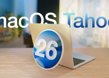 لپ‌تاپی با لوگوی macOS Tahoe و آیکون شماره ۲۶ که به نسخه جدید سیستم‌عامل اشاره دارد.
