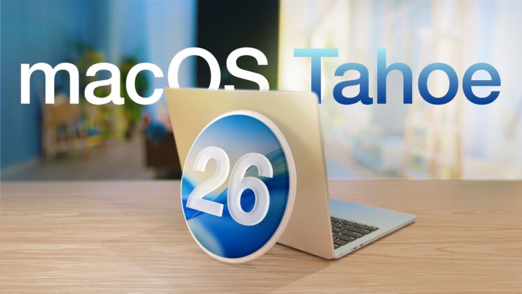 لپ‌تاپی با لوگوی macOS Tahoe و آیکون شماره ۲۶ که به نسخه جدید سیستم‌عامل اشاره دارد.