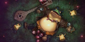 اثر هنری رسمی Largo، هیروی جدید Dota 2، در نمای بالا از فضایی جنگلی، با ساز موسیقی باردی و موجودات همراه در حال اجرای تم موسیقایی