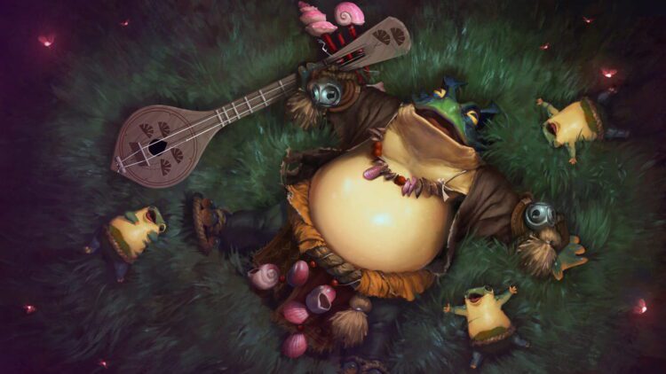 اثر هنری رسمی Largo، هیروی جدید Dota 2، در نمای بالا از فضایی جنگلی، با ساز موسیقی باردی و موجودات همراه در حال اجرای تم موسیقایی