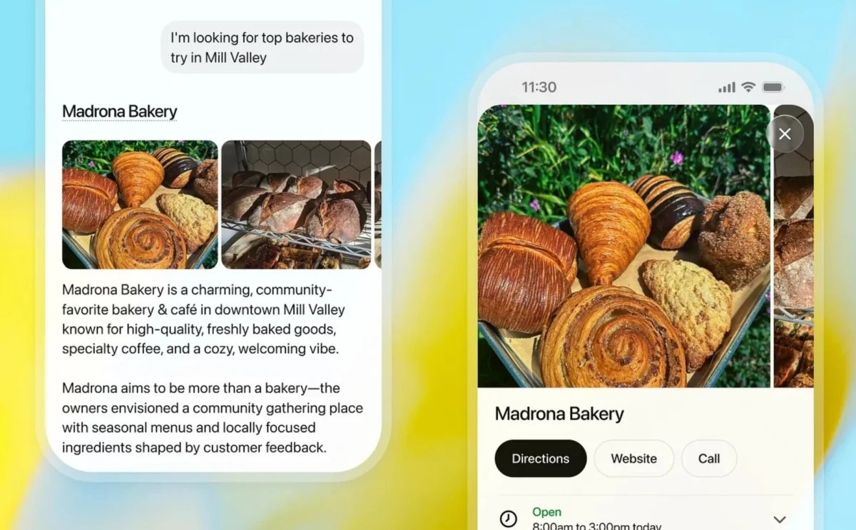 نمونه قابلیت جستجوی ChatGPT برای پیشنهاد مکان های محلی، نمایش کارت اطلاعاتی Madrona Bakery با تصاویر محصولات، ساعات کاری و دسترسی سریع به مسیر و وب سایت
