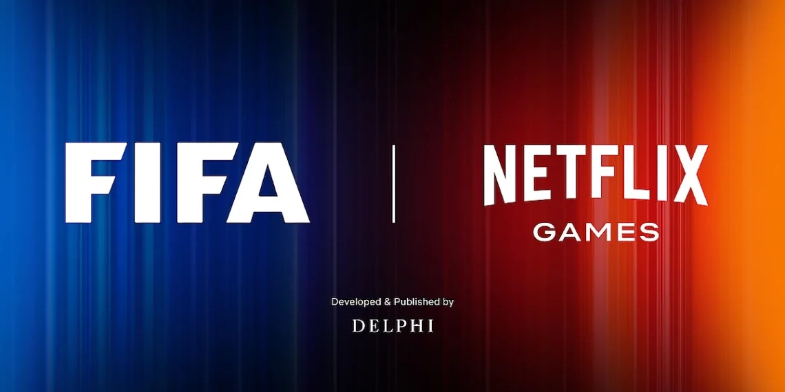 بنر رسمی همکاری FIFA و Netflix Games با نمایش لوگوهای هر دو برند روی پسزمینه گرادیانی آبی و قرمز، مرتبط با توسعه و انتشار بازی فوتبال موبایلی
