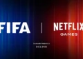 بنر رسمی همکاری FIFA و Netflix Games با نمایش لوگوهای هر دو برند روی پسزمینه گرادیانی آبی و قرمز، مرتبط با توسعه و انتشار بازی فوتبال موبایلی