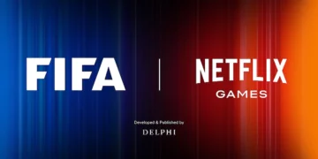 بنر رسمی همکاری FIFA و Netflix Games با نمایش لوگوهای هر دو برند روی پسزمینه گرادیانی آبی و قرمز، مرتبط با توسعه و انتشار بازی فوتبال موبایلی