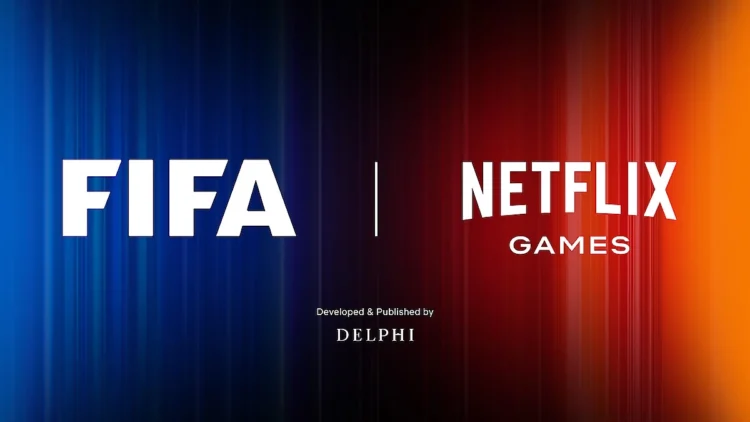 بنر رسمی همکاری FIFA و Netflix Games با نمایش لوگوهای هر دو برند روی پس‌زمینه گرادیانی آبی و قرمز، مرتبط با توسعه و انتشار بازی فوتبال موبایلی