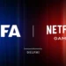 بنر رسمی همکاری FIFA و Netflix Games با نمایش لوگوهای هر دو برند روی پسزمینه گرادیانی آبی و قرمز، مرتبط با توسعه و انتشار بازی فوتبال موبایلی