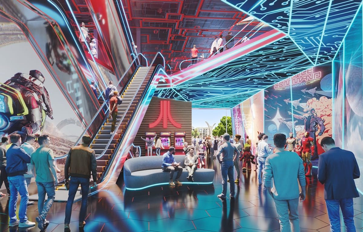 نمای داخلی مجموعه تفریحی آتاری با سقف نورانی و طراحی آینده‌نگر، حضور عناصر گرافیکی بازی‌های کلاسیک، آسانسور، مبلمان مدرن و غرفه‌های بازی، نمایش فضای تعاملی و تجربه سرگرمی برای علاقه‌مندان به دنیای گیم و فناوری