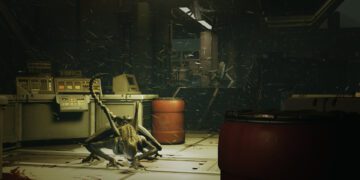 نمایی از موجود بیگانه Xenomorph در محیط صنعتی یک ایستگاه فضایی، با نورپردازی تیره، بشکه‌های فلزی و فضای پرتنش در سبک ترس بقاء