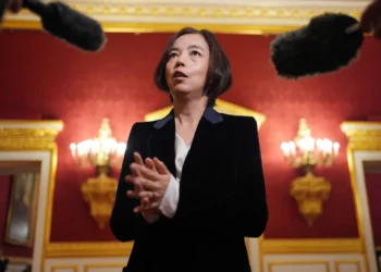 تصویری از فی فی لی با پوشش رسمی و در حال مصاحبه