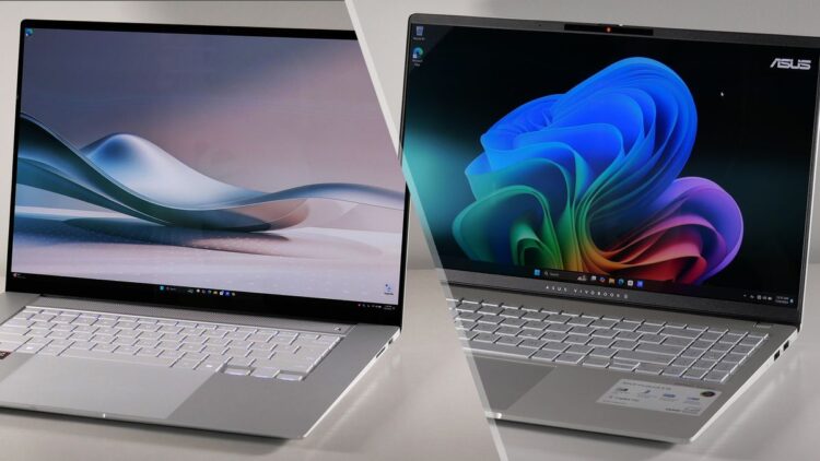 نمای مقایسهای دو لپتاپ ASUS Vivobook S 15 با نمایشگر ۱۵ اینچی و بدنه آلومینیومی باریک، نمایش طراحی فریم، کیبورد تمامسایز و تفاوت رندر رابط کاربری روی صفحه نمایش