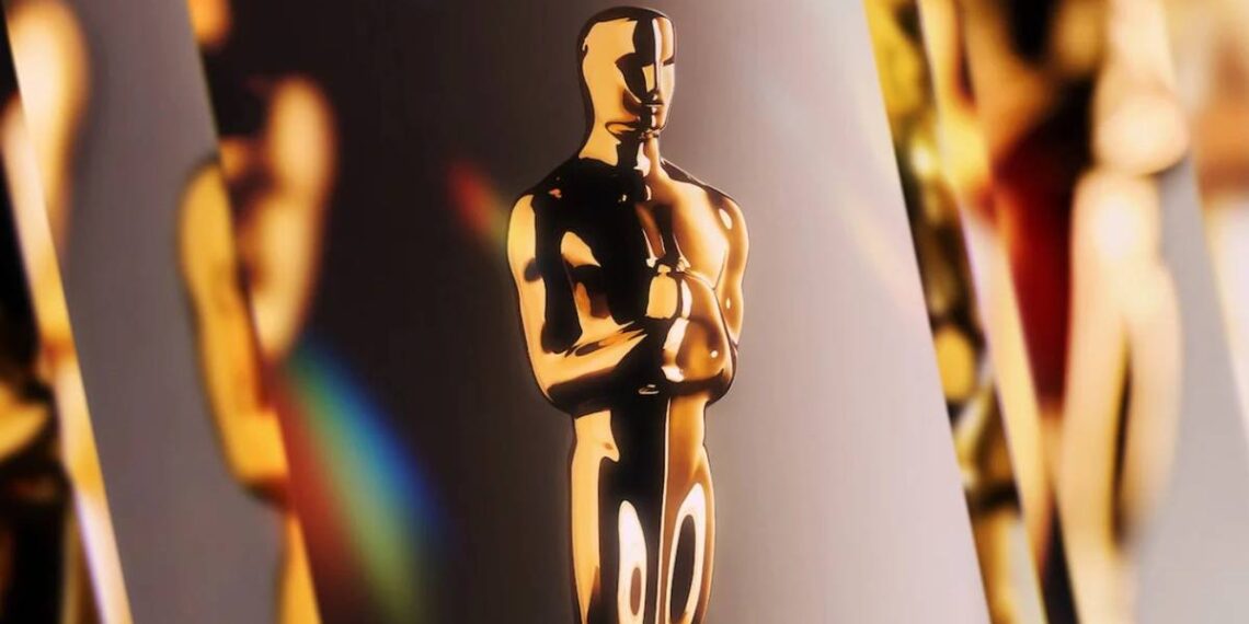 کی‌آرت رسمی نود و هفتمین دوره جوایز اسکار با نمایش مجسمه طلایی آکادمی در پس‌زمینه‌ای درخشان، مرتبط با مراسم Oscars 2025
