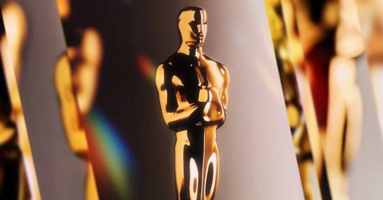 کیآرت رسمی نود و هفتمین دوره جوایز اسکار با نمایش مجسمه طلایی آکادمی در پسزمینهای درخشان، مرتبط با مراسم Oscars 2025