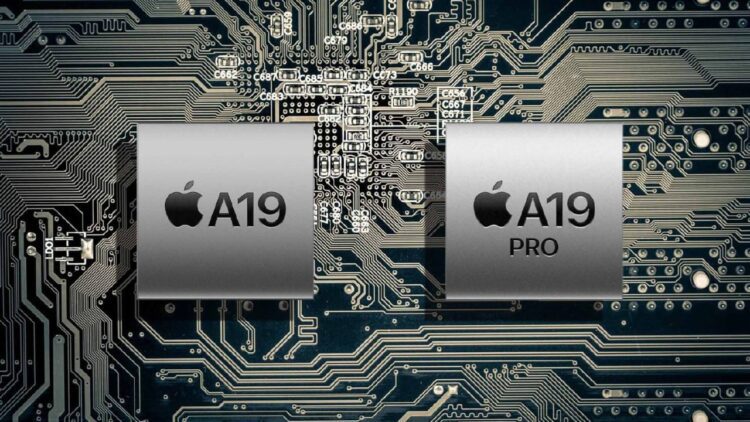 تصویر گرافیکی از دو تراشه پردازنده با برچسبهای A19 و A19 Pro اپل روی مدار الکترونیکی.