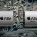 تصویر گرافیکی از دو تراشه پردازنده با برچسبهای A19 و A19 Pro اپل روی مدار الکترونیکی.