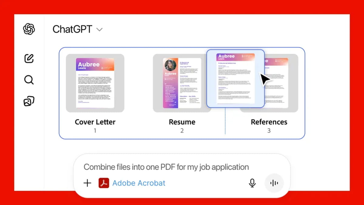 رابط ChatGPT با پیشنمایش چند فایل شامل کاورلتر، رزومه و رفرنسها، درحال ترکیب اسناد با استفاده از Adobe Acrobat برای ساخت یک فایل PDF واحد