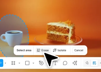 نوار ابزار ویرایش تصویر مبتنی بر هوش مصنوعی با گزینه‌هایی مثل انتخاب ناحیه، حذف و ایزوله‌سازی، درحال ویرایش عکس یک فنجان قهوه و برش کیک در پس‌زمینه نارنجی