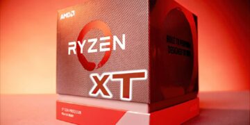 جعبه خرده‌فروشی یک پردازنده AMD Ryzen سری XT با طراحی نمادین دایره نارنجی.