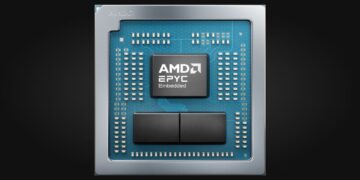 نمای نزدیک و رندر شده از چیپ پردازنده AMD EPYC Embedded سری ۲۰۰۰.