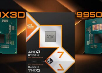 تصویر تبلیغاتی پردازندههای جدید رایزن (Ryzen 9 9950X3D2 و Ryzen 7 9850X3D) در کنار جعبه سری ۹۰۰۰.