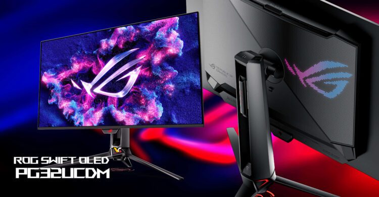 مانیتور گیمینگ ایسوس مدل ROG Swift OLED PG32UCDM از نمای جلو و پشت با نورپردازی RGB.
