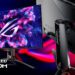 مانیتور گیمینگ ایسوس مدل ROG Swift OLED PG32UCDM از نمای جلو و پشت با نورپردازی RGB.