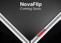 پوستر تبلیغاتی با متن «Coming Soon» که لولای گوشی NovaFlip را در حالت نیمهباز نشان میدهد.