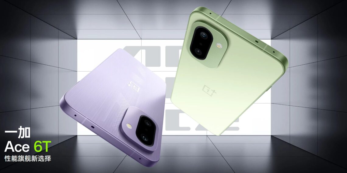 پوستر تبلیغاتی گوشی وان‌پلاس Ace 6T در دو رنگ سبز و بنفش با طراحی دوربین دوگانه.