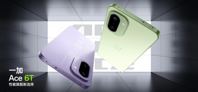 پوستر تبلیغاتی گوشی وان‌پلاس Ace 6T در دو رنگ سبز و بنفش با طراحی دوربین دوگانه.