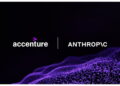 همکاری Accenture و Anthropic با پسزمینه گرافیکی بنفش نماد فناوری هوش مصنوعی
