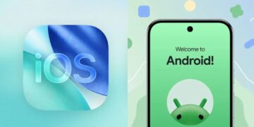 تصویر دوقسمتی که در سمت چپ لوگوی iOS و در سمت راست صفحه خوش‌آمدگویی یک گوشی اندرویدی را نشان می‌دهد.