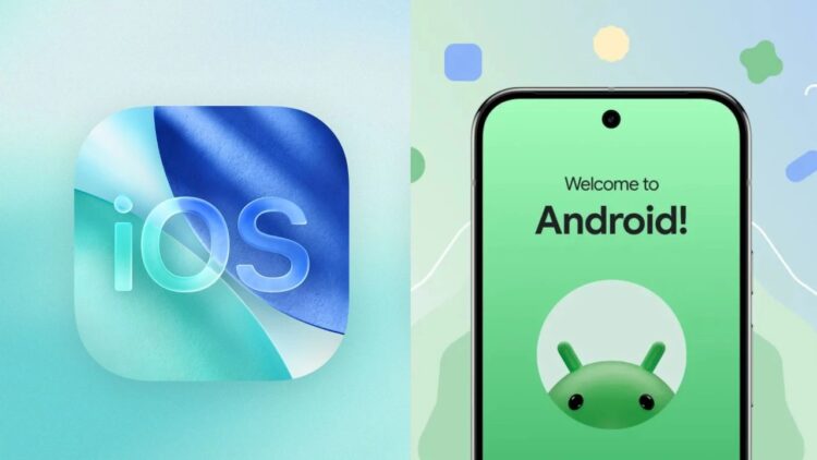 تصویر دوقسمتی که در سمت چپ لوگوی iOS و در سمت راست صفحه خوشآمدگویی یک گوشی اندرویدی را نشان میدهد.