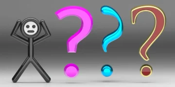 آدمک سیاه سه‌بعدی که سر خود را میان دستانش گرفته و سه علامت سوال بزرگ صورتی، آبی و طلایی در کنار اوست.