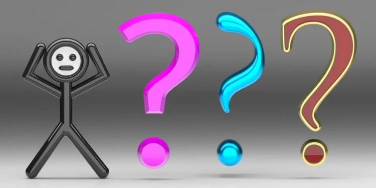 آدمک سیاه سه‌بعدی که سر خود را میان دستانش گرفته و سه علامت سوال بزرگ صورتی، آبی و طلایی در کنار اوست.