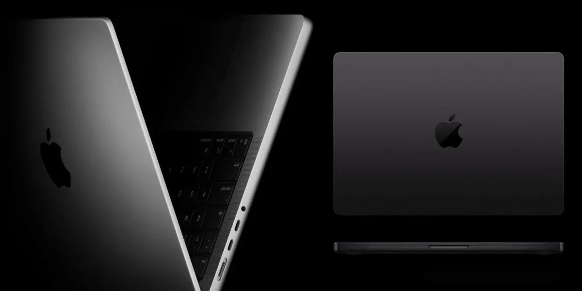 نمای سه جهته (باز، بسته از بالا، بسته از کنار) از یک مکبوک پرو با بدنه فلزی تیره (احتمالا رنگ Space Black) در نورپردازی کم.