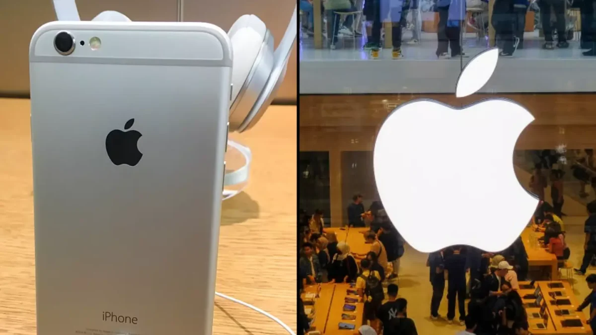 یک آیفون در دست راست (به احتمال زیاد SE اصلی) در کنار یک فروشگاه اپل که لوگوی سفید رنگ آن در پس‌زمینه بزرگ دیده می‌شود.