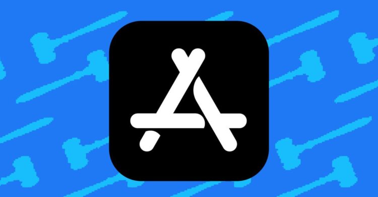 لوگوی سفید اپ استور اپل (App Store) روی زمینه سیاه که در پسزمینه آبی آن الگوی چکش تکرار شده است.