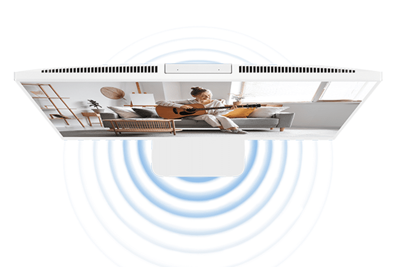 نمای فوقانی مانیتور ایسوس که امواج صوتی آبی رنگ را در اطراف بدنه نشان می‌دهد.